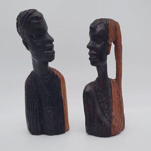 Set of Vintage 2 Tone Ebony Hand Carved Wood Statue 8" African Tribal Head Bust